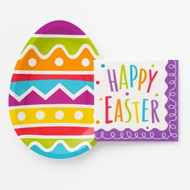 HOME & HOOPLA Easter Egg Paper Plates and Napkins Set – Includes 16 Colorful 7" Egg-Shaped Plates and 16 Happy Easter 5" Napkins – Bright and Fun Disposable Tableware