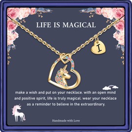 Hidepoo Unicorn Necklace Gifts - 14K Gold Plated Cubic Zirconia Heart Pendant Unicorn Necklace Jewelry I Initial Heart Unicorn Necklace Heart Necklace Birthday Gifts Unicorns Gifts