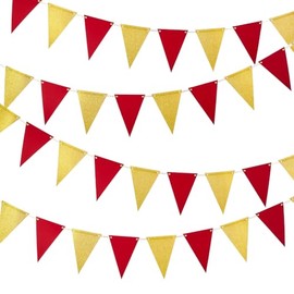 MOWO Gold Red Pennant Banner Paper Bunting Hanging Decoration for Birthday Graduation Retirement New Year's Valentine's Day Party, Pack of 30 Counts Pennant, 20 feet