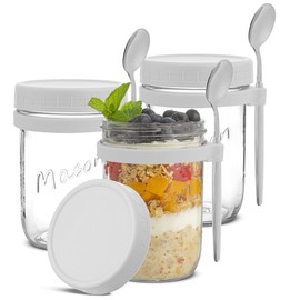 JoyJolt 3-Pack Glass Overnight Oats Jars with Lids and Spoons Set (16 oz), Mason Jars for Overnight Oats, Chia Pudding Jars with Lids - BPA-Free, Leak Proof Small Containers for Meal Prep