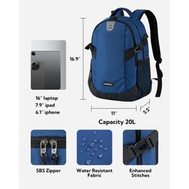 WATERFLY Casual Laptop Travel Backpack: 20L for Men Women Work Commuter Everyday EDC Daypack Hiking Gym Sport Workout Blue