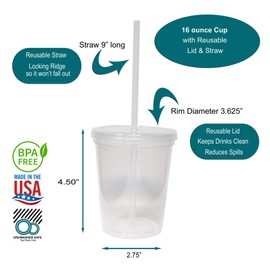 Rolling Sands 16 Oz. Reusable Plastic Stadium Cups with Lids, 6 Pack, USA Made Tumblers and Lids, Includes 6 Reusable Straws; Dishwasher Safe, Translucent Assorted