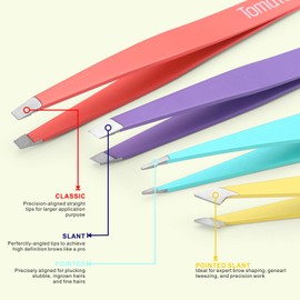 Tomata Tweezers for Eyebrows, Slant Tip and Pointed Eyebrow Tweezer Set Great Precision for Eyebrows Facial Hair, Ingrown Hair, Splinter, Blackhead and Tick Remover (4-piece) (Multi-color)