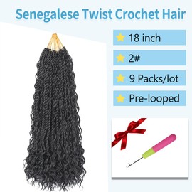 9 Packs Senegalese Twist Crochet Hair with Curly Ends Boho Island Twist Crochet Hair 18 Inch Pre-Looped Goddess Twists Braids for Black Women (2#)