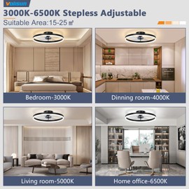 VOLISUN Low Profile Ceiling Fans with Light and Remote,19.7in Fandelier Ceiling Fan with Lights, 3000K-6500K Dimmable Flush Mount LED Fan Light, Black Bladeless Ceiling Fans with Lights for Bedroom