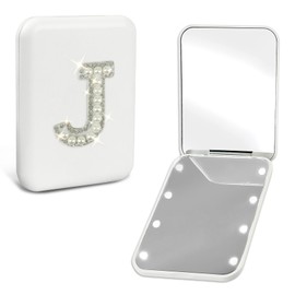 Aganmi Preppy Birthday Gifts for 12 13 14 15 16 17 18 Year Old Girls Cute Pearl Initial Compact Mirror with Lights Small LED Pocket Makeup Mirror Teen Girls Trendy Stuff Travel Essentials White J