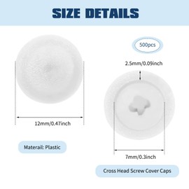 500PCS Screw Caps, Plastic White Screwcap Covers, for Cross Slot, Cabinet, Decorative Self-Drilling Screws, 0.47 Inch Diameter (White)
