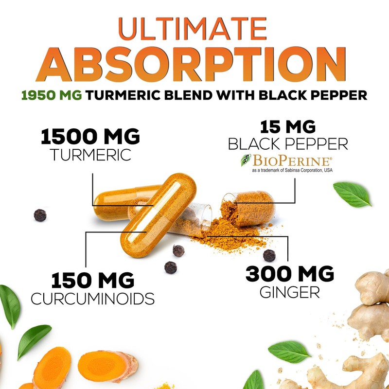 Turmeric Curcumin Supplement 1950mg with Organic Turmeric & Ginger, 95%