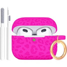 Gawnock Compatible with AirPods Case 3rd Generation Cover with Keychain, Leopard Engraved Skin Soft Cover for Compatible with AirPods 3rd Generation CaseFull Protection,Front LED Visible,Hot Pink