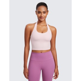 CRZ YOGA Womens Butterluxe Halter Longline Sports Bra - Padded Workout Yoga Crop Tops Tanks with Built in Pads Strawberry Pink Large