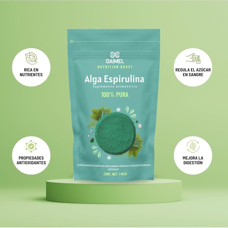 Daimel | Alga Espirulina Pura En Polvo 1kg Superfood Orgánica