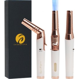 Pen Torch Lighter - Refillable Single Flame Butane Torch Lighter for Candle, & Cooking w/Adjustable Flame & Ignition Lock - Luxurious Handheld Camping Lighter & Gift Box by inZaynity - White & Gold