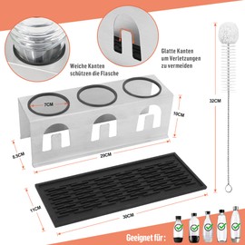 ACTIV CUISINE Bottle Holder for Sodastream Duo Crystal Bottles, 3 Stainless Steel Drip Holder, Drainer with Protective Rings, Drying Mat, Lid Holder and Bottle Brush