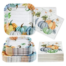 150Pcs Fall Paper Plates Thanksgiving Plates Disposable 400GSM Square Blue Pumpkins Plates and Napkins Thanksgiving Paper Plates for Baby Shower Fall Harvest Thanksgiving Decorations, Serve 50