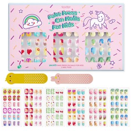 Pack of 144 Glue-On Nails for Children, Acrylic False Nails, Prelucky Full Coverage, Glitter, Colour Gradient, Flowers, Short False Nail Art Kits Sets, Valentine's Day Gifts for Children, Girls