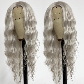 Fugady Ash White Wig Loose Wave Wig Grey Wigs For Women Synthetic Grey Lace Front Wigs Silver Wigs Wavy Wig Pre Plucked Baby Hair Heat Resistant Fiber (Synthetic 24 Inches)