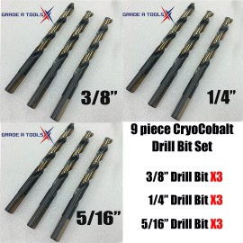 Grade A Tools Aluminum Collision Repair CryoCobalt Drill Bit Bundle (9 pack) 3/8", 1/4", 5/16"