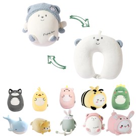 stocaggio Kids Travel Pillow - 2-in-1 Deformable Kids Neck Pillow for Traveling, Soft U-Shaped Pillow with Adorable Animal Design, Comfy Sleep and Play, Ideal for Airplanes and Cars - Blue Bear