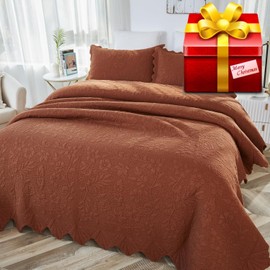 Brandream Queen Size Quilt Set Cotton Burnt Orange Vintage Farmhouse Luxury Matelasse Bedding Set Scalloped Quilt Set 3-Piece