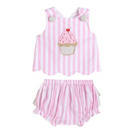 Lil cactus Pink Stripe Cupcake Applique Top and Bloomer Set, 2 Years