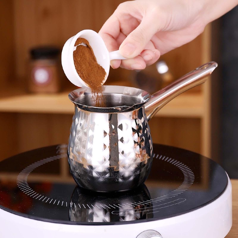 Traditional Greek Coffee Pot with Long Handle for Cafe, Silver,