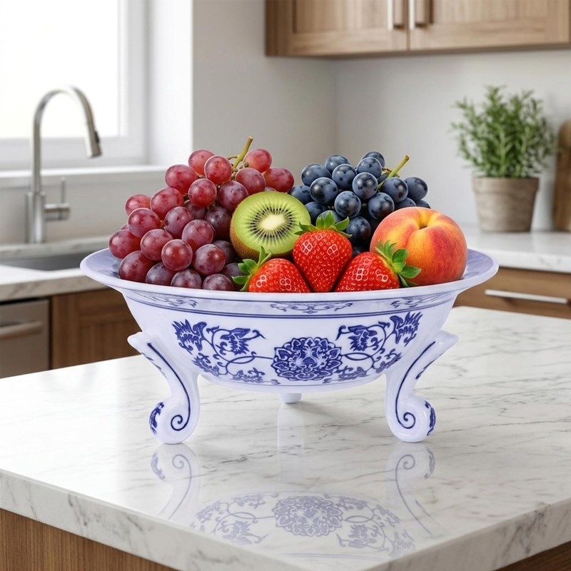 XINGYAN 10in Blue and White Ceramic Fruit Bowl,Chinoiserie Decorative Bowl,Three-Legged