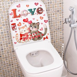 Love Heart Cat Toilet Cover Sticker Decals,Flower Heart Love Couple Cat Waterproof Toilet Lid Tank Seat Decals Cistern Self-Adhesive Bathroom Wall Sticker
