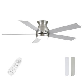POCHFAN 52 Inch Brushed Nickel Ceiling Fans with Lights and Remote,LED Low Profile Flush Mount Ceiling Fan for Bedroom, Living Room,Patio,Quiet DC Motor,5 Blades