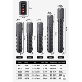 JULIAQUA Aquarium Heater with Temperature Display Eco Heater Adjustable 25W/50W/100W/200W/300W/500W (E-100W)