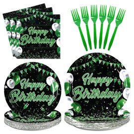Grencian 96 Pcs Green Black Birthday Decorations Plates Black and Green Silver Party Supplies for Men Disposable Birthday Tableware Set for Kids Adults Party Favors Serves 24