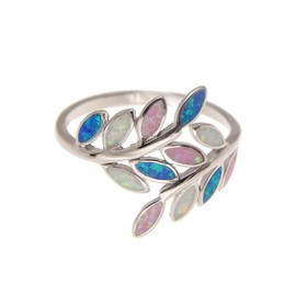 Arthur's Jewelry Blue white pink tricolor inlay synthetic opal ring Hawaiian maile leaf 925 sterling silver size 7