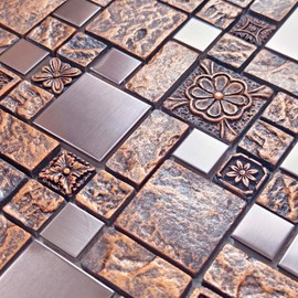 Hominter Bronze & Brushed Metal Mosaic Tile Copper Textured Resin Decorative Wall Backsplash for Kitchen Backsplash, Bathroom Wall, Fireplace Surrounds (5 Square Feet)