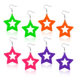 4 Pairs Neon Earrings, 80s Star Earrings Neon Accessories for Women Retro Star Dangle Fun Colorful Fluorescent Jewelry for Neon-Party Costume Scene Accessories(Orange, Green, Rose Red, Pink)