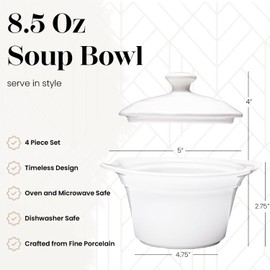 Vikko Soup Crocks With Lids, Tall 8.5 Ounce White Soup Bowl with Cover, Set of 4 Soup Dishes, Dishwasher Safe, Sturdy Design