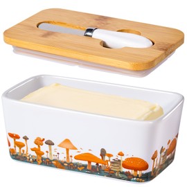 Mushroom Butter Dish with Lid,Large Butter Crock Keeper Saver,Ceramic Butter Container for Countertop with Highly Sealed Silicone Thick Wooden Lid for Kitchen Farmhouse Decor (White, Mushroom)