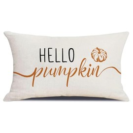 Fall Hello Pumpkin Throw Pillow Cover, 12x20 Inch Autumn Thanksgiving Lumbar Cushion Cover for Home Couch Sofa Living Room Bedroom Decor Beige CBZ07-01