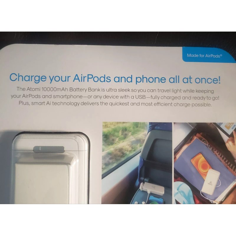 Atomi 10000mAh Battery Bank Built-in AirPods Charge Case & Smart