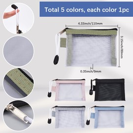 SOFPLATE 5Pcs 5 Colors 3 x 4.5 Inch Mini Zipper Mesh Bags Cosmetic Mesh Pouch Travel Nylon Portable Makeup Toiletry Bag Organizer Key Card Holder for Purse Home Office Lipstick Brushes Coin Women
