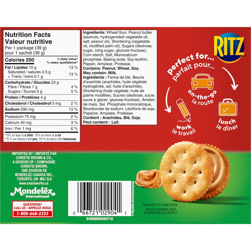 RITZ Peanut Butter Cracker Snackwiches, Filling Made With Real Peanut