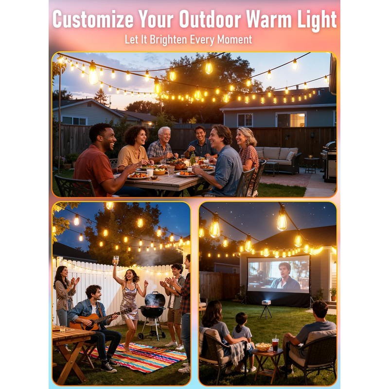 Jerritte 100FT LED Outdoor String Lights with 30 Edison Shatterproof
