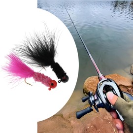 Briny River 30Pcs Feather Jig Head Hook Crappie Jigs Fishing Lure 3.5g Marabou Feather Jig Suitable for Crappie Panfish Perch Sunfish Yellow Black White Green Pink