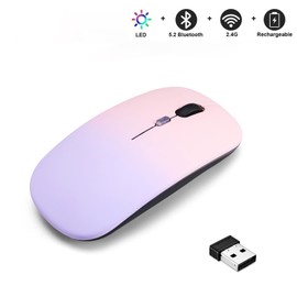LED Wireless Mouse, Slim Silent Dual-Mode 2.4G+BT Rechargable 7-Color Portable Mobile Optical Office Mouse with USB Receiver, 3 Adjustable Levels for Notebook,PC,Computer, MacBook-Gradient pink purple