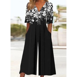 LOZ Women's Floral Print Jumpsuits 2025 Summer Black Outfits Half Sleeve V Neck Wide Leg Pants Rompers with Side Pockets