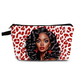 YULUENZE African American Lady Makeup Bag Cute Small Organizer Bag with Zipper Red Leopard Black Woman Cosmetic Bag Aesthetic Birthday Present for Women Sisters Friends