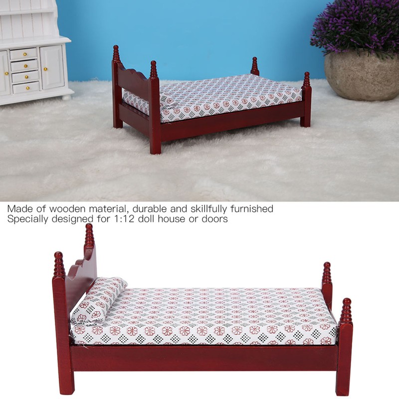 1:12 Doll House Mini Red Wooden Single Bed Furniture Accessory