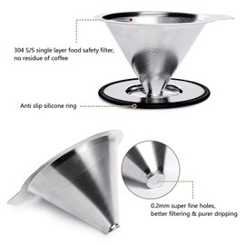 LHS Pour Over Coffee Dripper Reusable Coffee Filter Metal Cone Filter Paperless Coffee Filter Stainless Steel Pour Over Coffee Maker Single Cup Brew Coffee Filter