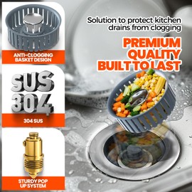 Nipoko 2 Pack 3 in 1 Kitchen Sink Drain Strainer & Sink Stopper Upgraded Stainless Steel Drain Plug with Anti-Clog Basket Drain Stopper Combo, Pop Up Sink Stopper for Standard 3-1/2' Drain