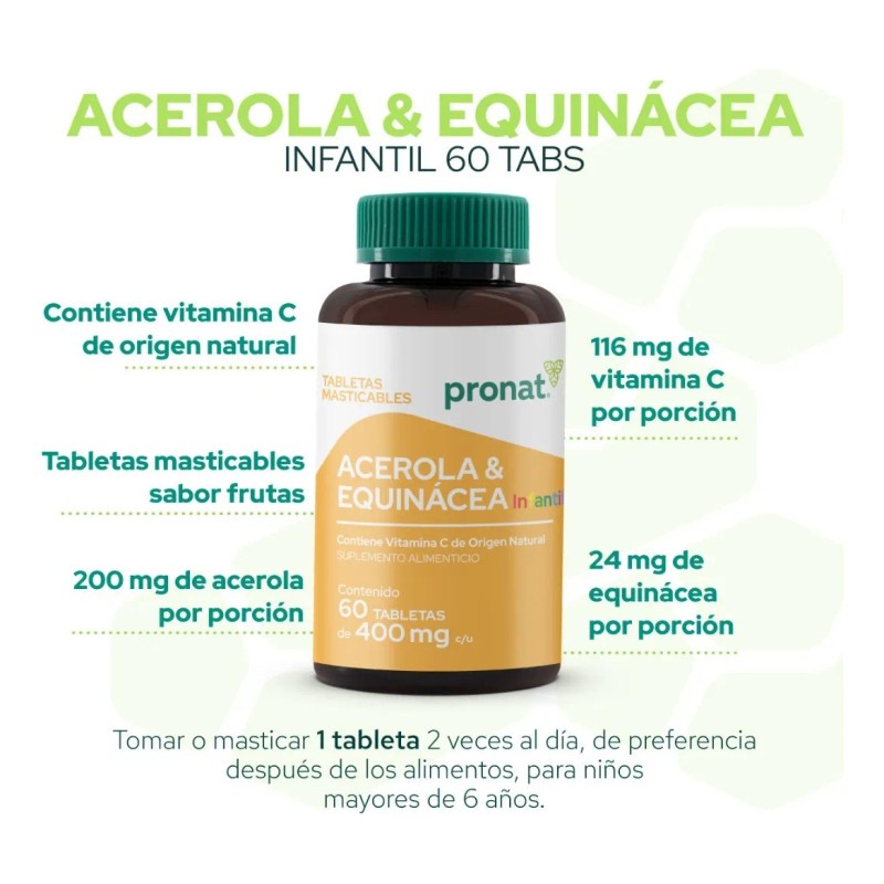 Acerola Equinácea Infantil Tabletas Masticables Sabor Frutas Pronat
