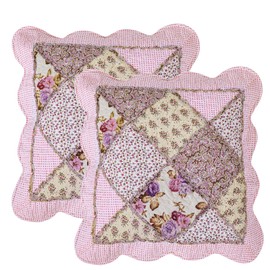 vctops Set of 2 Quilted 100% Cotton Boho Throw Pillow Covers 18" x 18" Farmhouse Country Floral Patchwork Decorative Cushion Cover, Patchwork Flower J