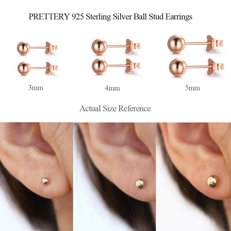 PRETTERY Rose Gold 925 Sterling Silver 3 Pair Round Ball